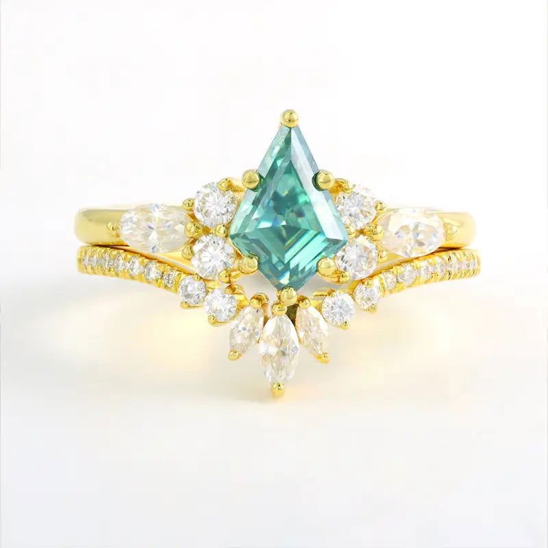 Vintage Cluster Kite Cut Green Moissanite Bridal Ring Set - 2pcs - LGG Jewelry