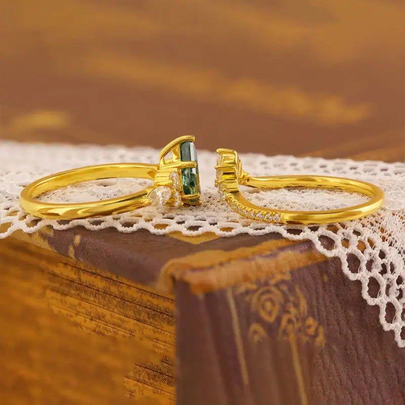 Vintage Cluster Kite Cut Green Moissanite Bridal Ring Set - 2pcs - LGG Jewelry