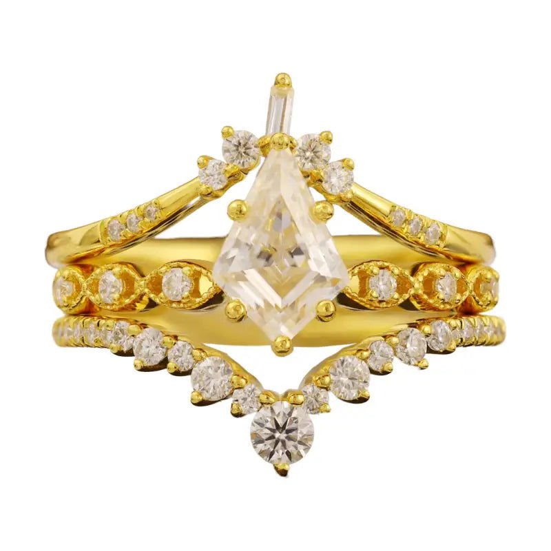 Vintage Kite Cut Moissanite Wedding Bridal Ring Set - 3pcs - LGG Jewelry