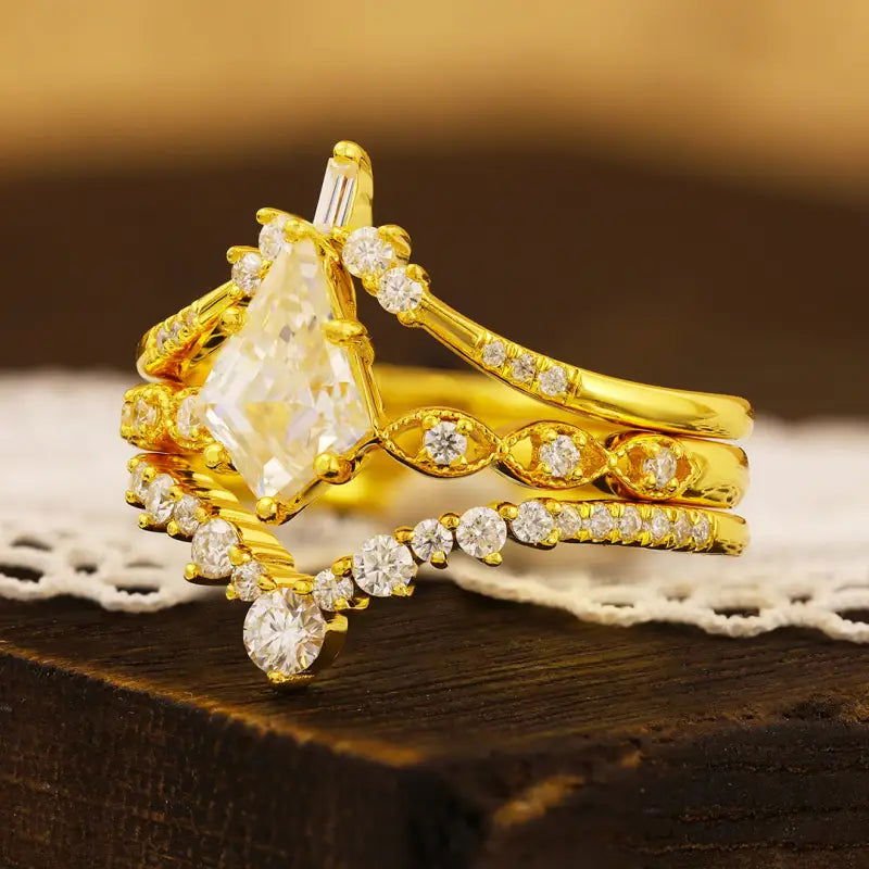 Vintage Kite Cut Moissanite Wedding Bridal Ring Set - 3pcs - LGG Jewelry