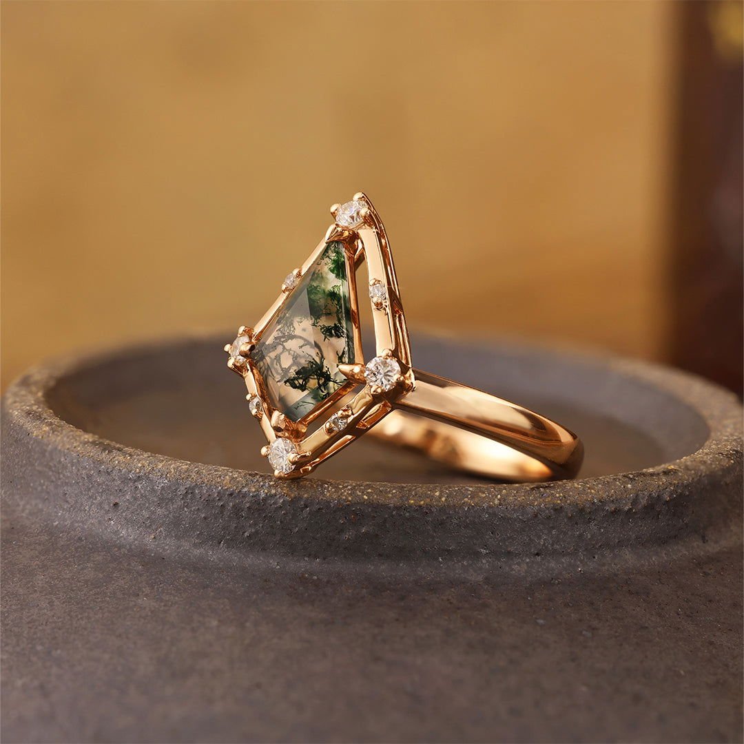 Vintage Kite Cut Moss Agate Art Deco Engagement Ring - LGG Jewelry