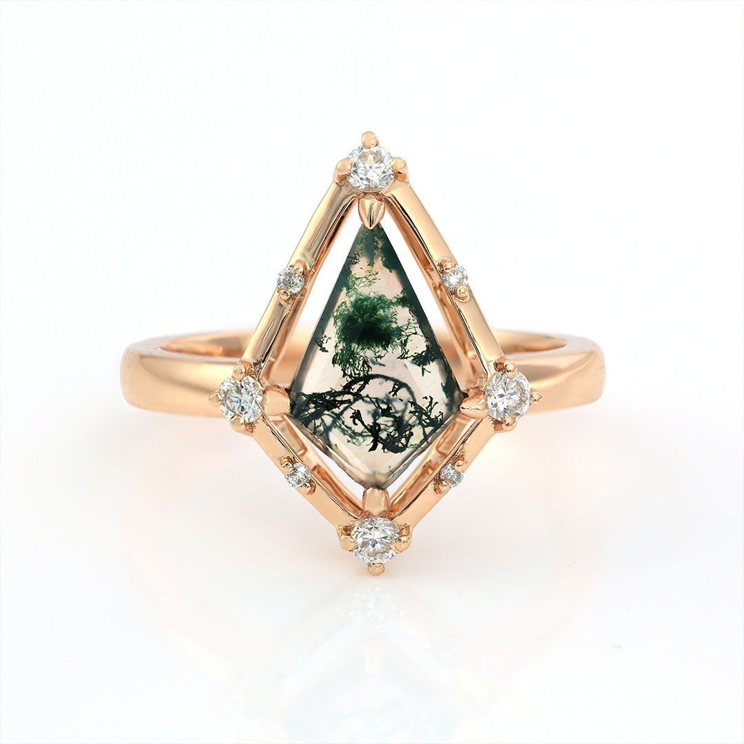 Vintage Kite Cut Moss Agate Art Deco Engagement Ring - LGG Jewelry
