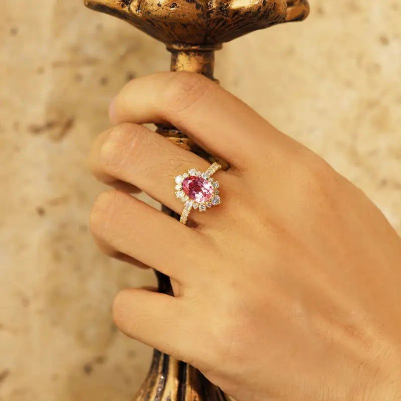 Vintage Oval Cut Lab Padparadscha Sapphires Halo Engagement Ring - LGG Jewelry