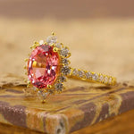 Lade Bild in die Galerieansicht, Vintage Oval Cut Lab Padparadscha Sapphires Halo Engagement Ring - LGG Jewelry