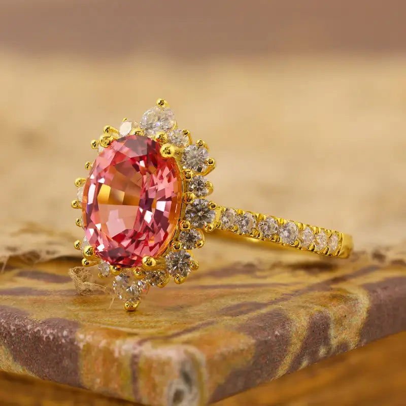 Vintage Oval Cut Lab Padparadscha Sapphires Halo Engagement Ring - LGG Jewelry