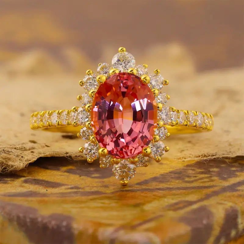 Vintage Oval Cut Lab Padparadscha Sapphires Halo Engagement Ring - LGG Jewelry
