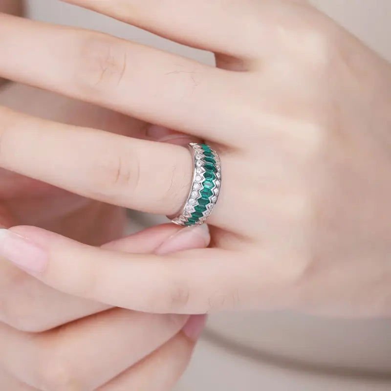Wave Line Elongated Hexagon Zambia Green Emerald Channel Eternity Band - LGG Jewelry