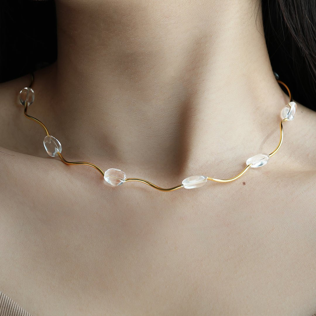 White Crystal Bead Wave Necklace - LGG Jewelry